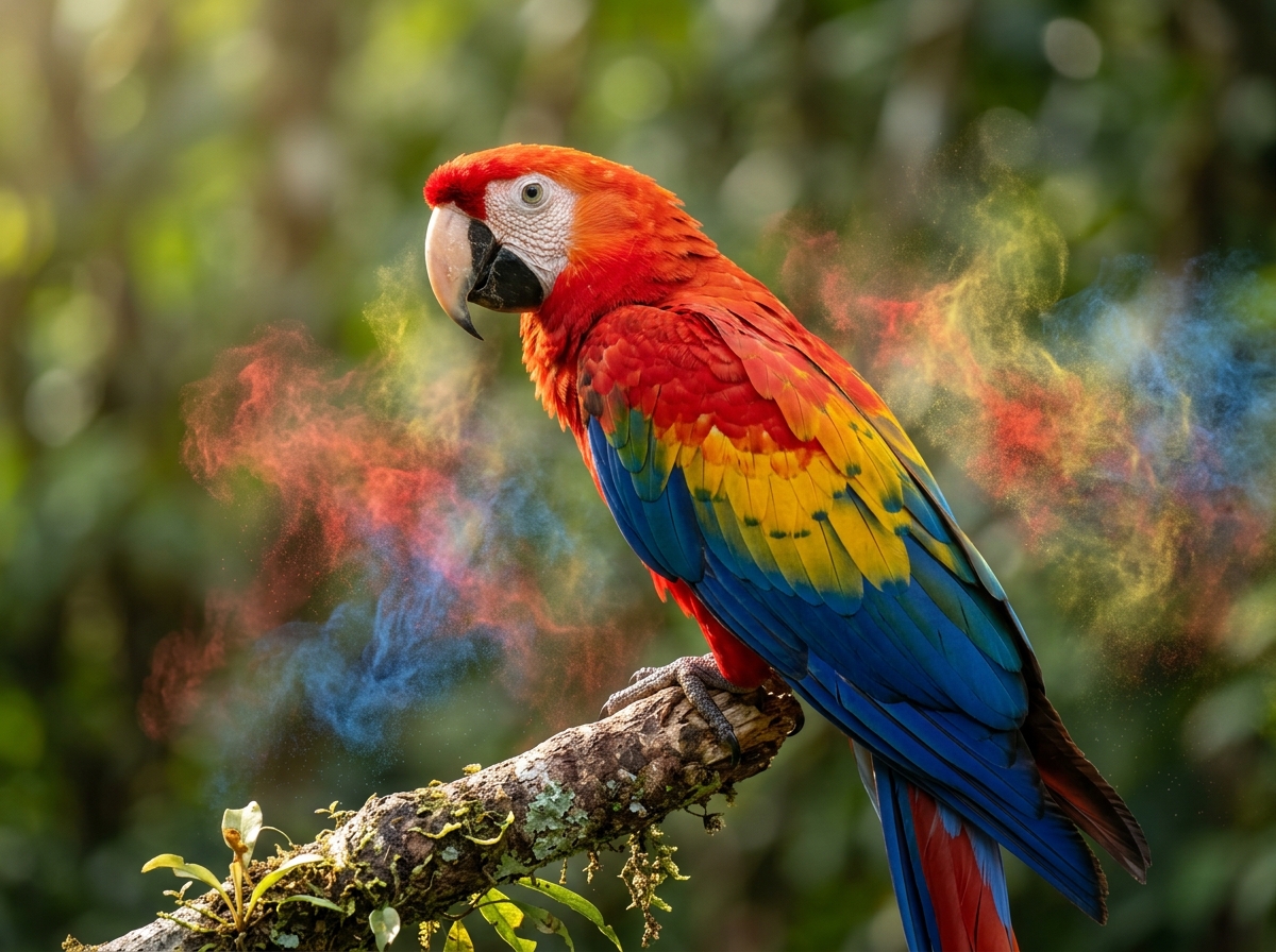 Scarlet Macaw parrot amidst vivid powder coating pigments - symbol of rich color spectrum of AMIS