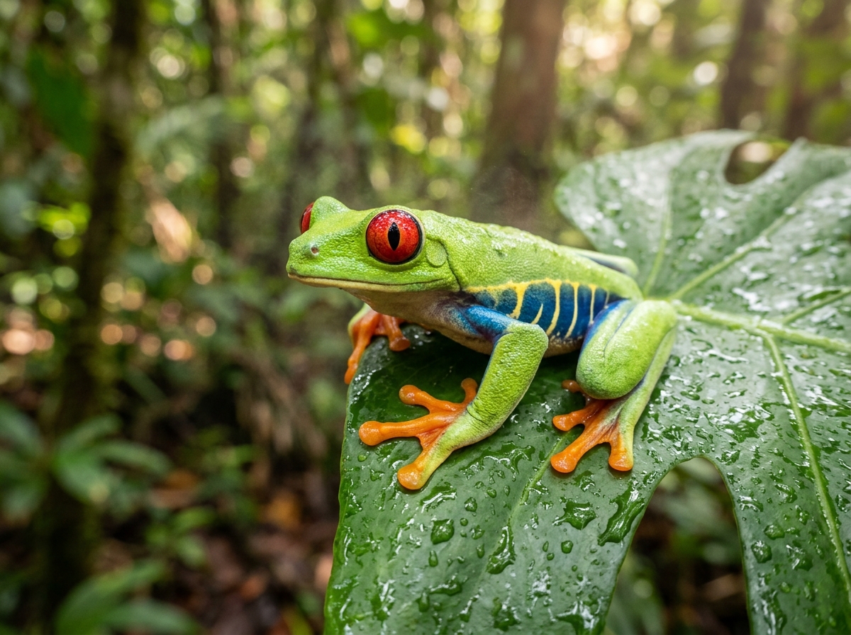 Exotic red-eyed tree frog on glistening green leaf - eco-friendly powder coatings free of TGIC and heavy metals