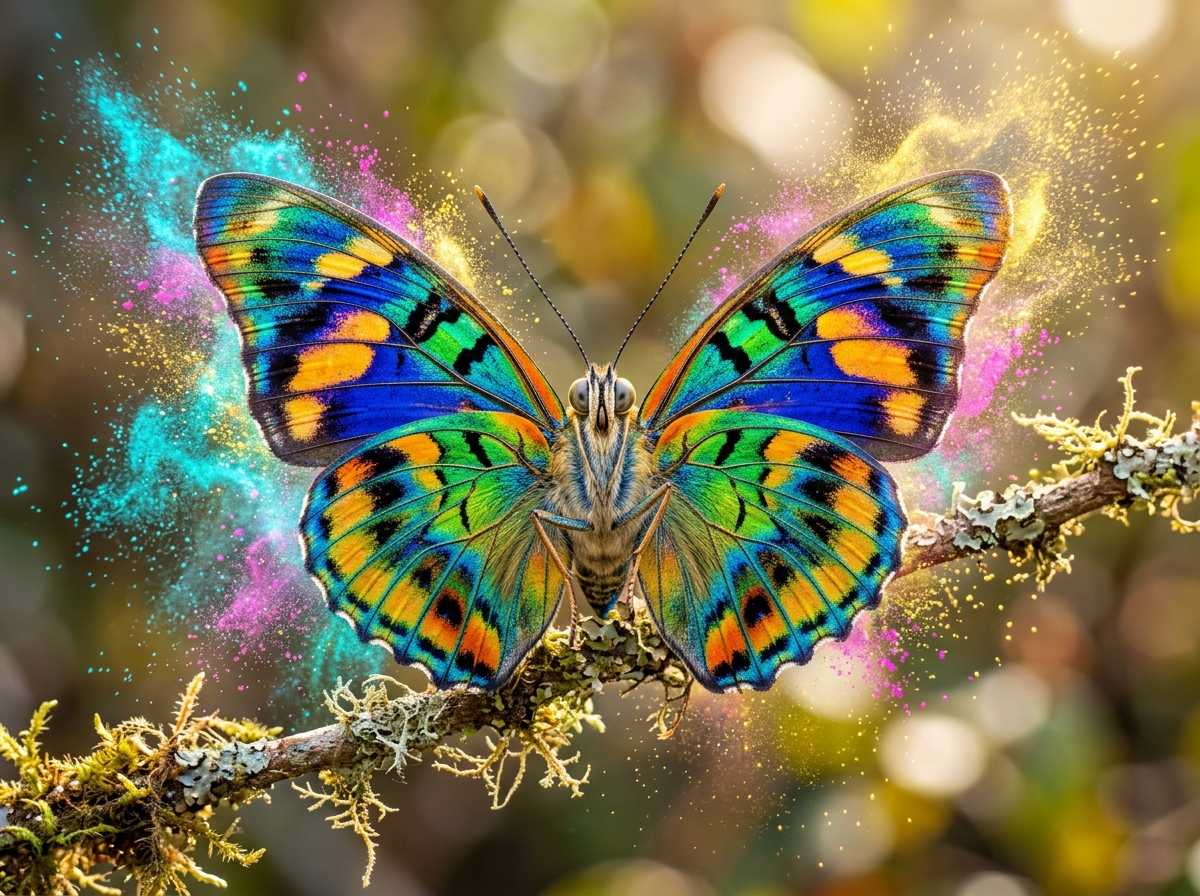 Rare iridescent butterfly amidst micro powder pigments - RAL, Pantone and NCS color charts