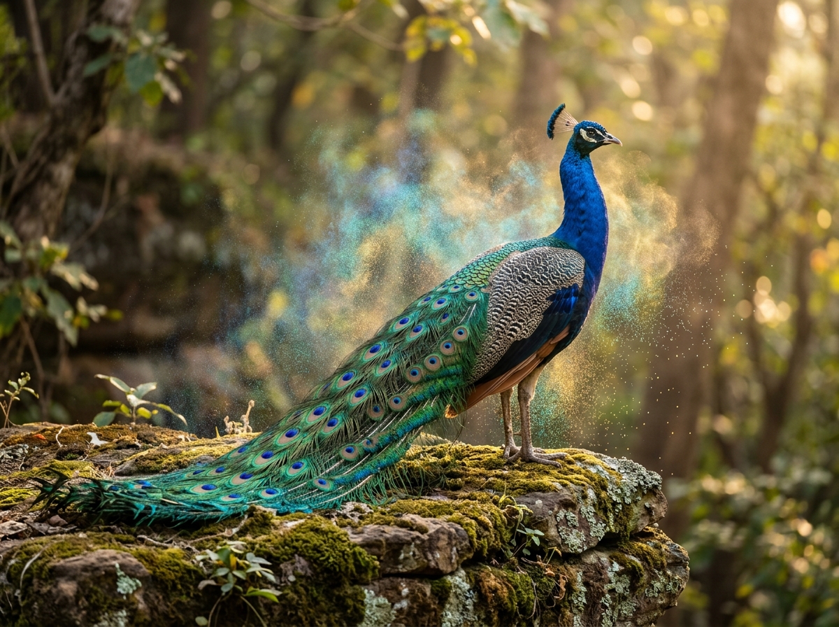 Majestic peacock amidst vibrant powder pigments - AMIS Farby Proszkowe