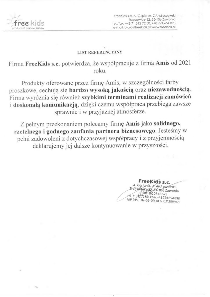 FREE KIDS 2025 Reference for AMIS Powder Coatings