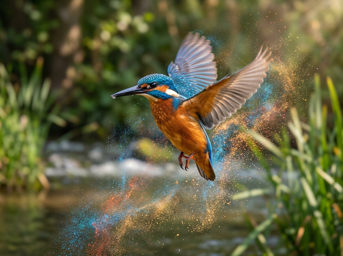 Kingfisher bird surrounded by vibrant powder pigments - AMIS Farby Proszkowe